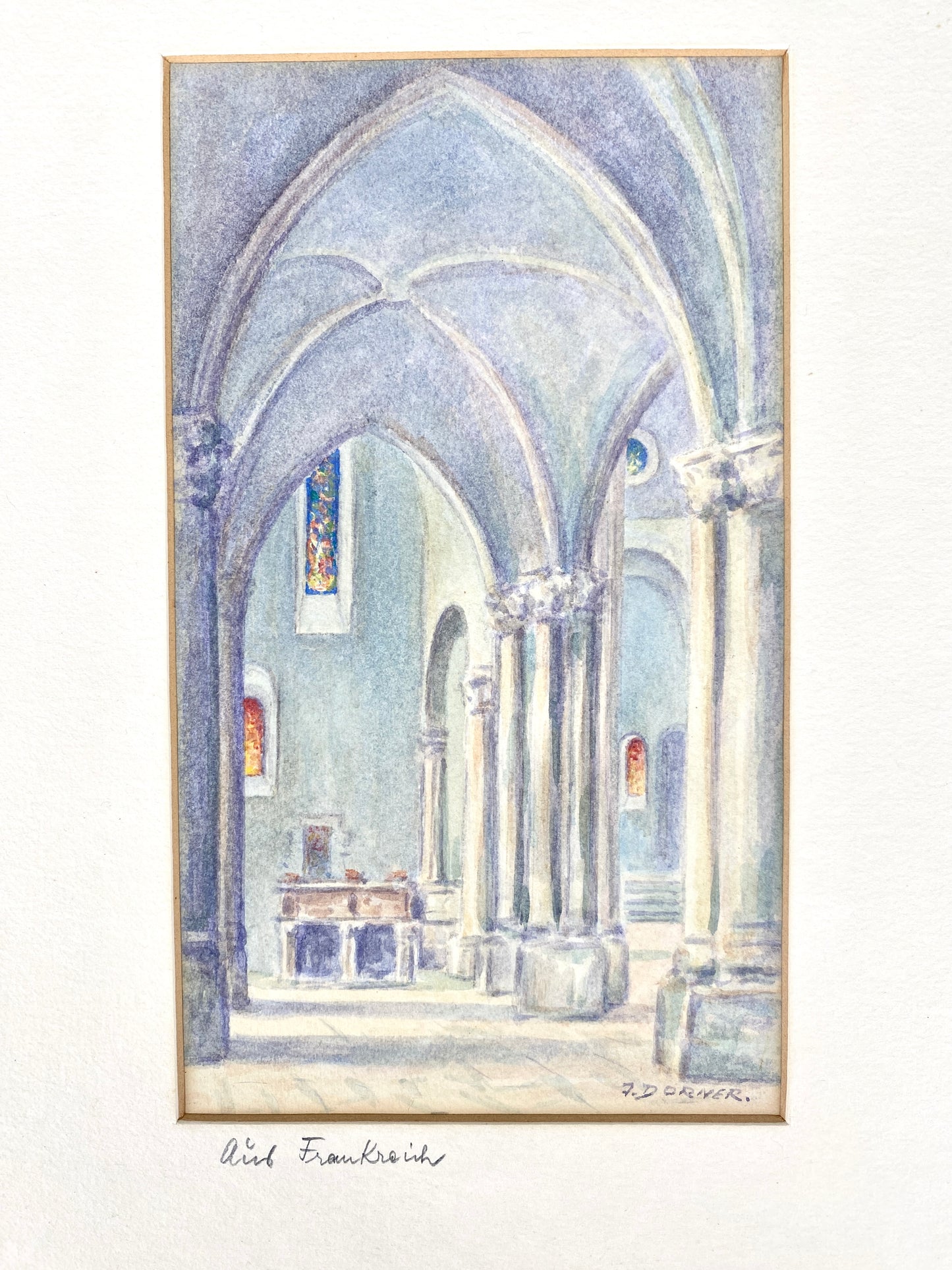 Aquarell, Innenansicht einer Kathedrale in Blau