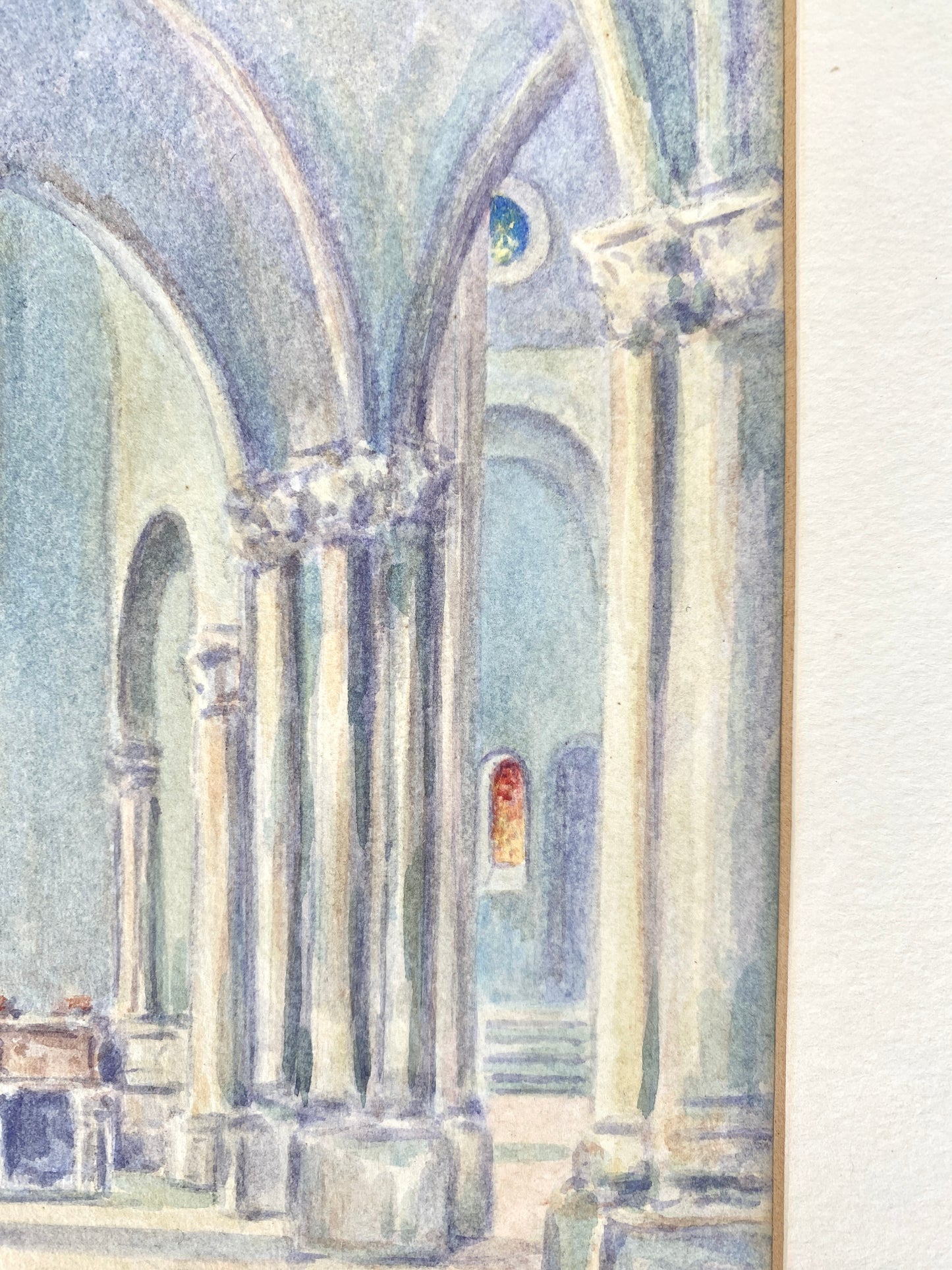 Aquarell, Innenansicht einer Kathedrale in Blau