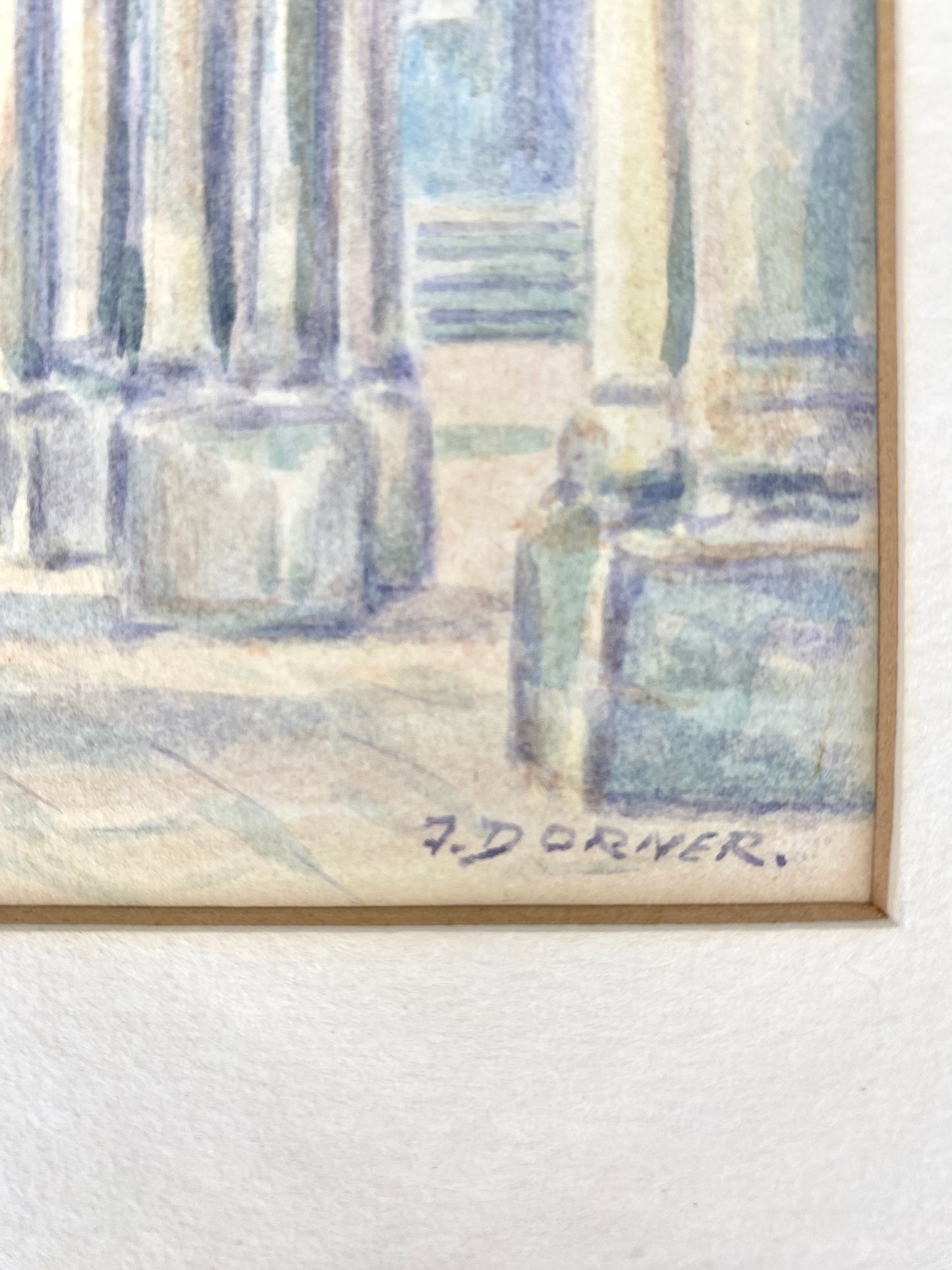 Aquarell, Innenansicht einer Kathedrale in Blau