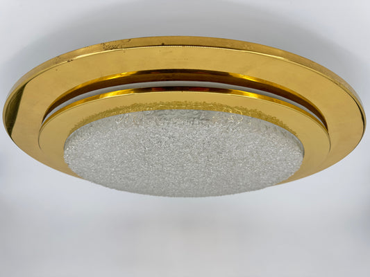 XXL Deckenlampe aus Messing und Eisglas um 1960