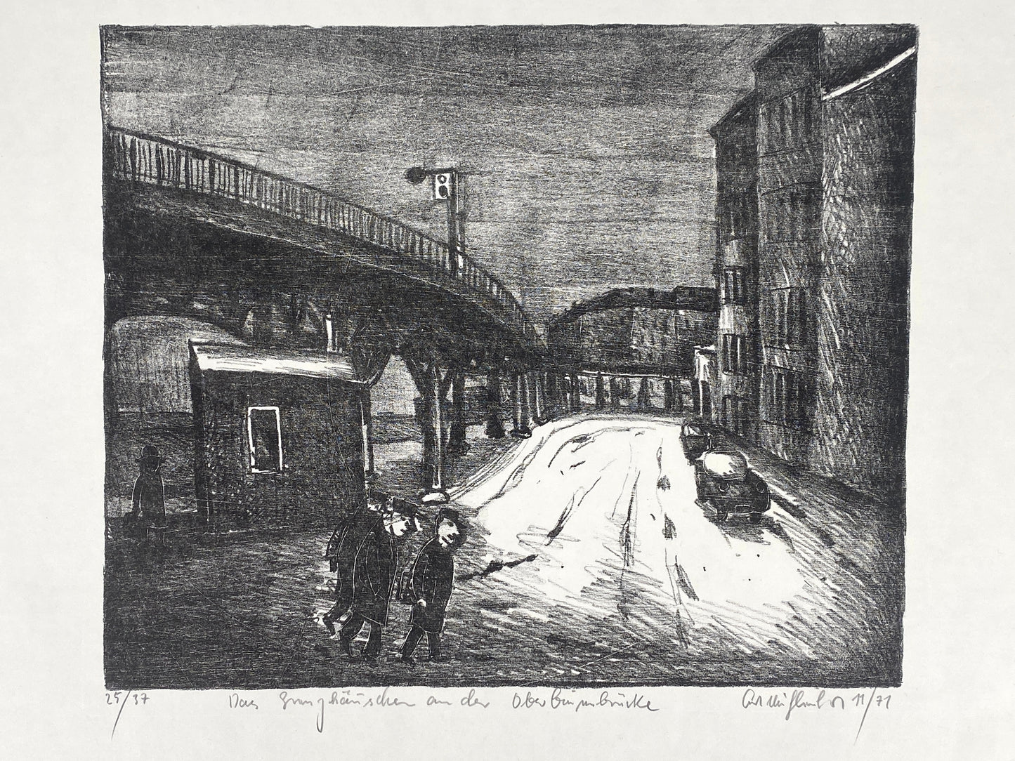 Signierte und nummerierte Lithografie "Das Grenzhäuschen an der Oberbaumbrücke" von Kurt Mühlenhaupt (1921–2006), 1971