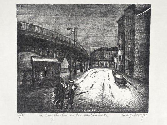 Signierte und nummerierte Lithografie "Das Grenzhäuschen an der Oberbaumbrücke" von Kurt Mühlenhaupt (1921–2006), 1971