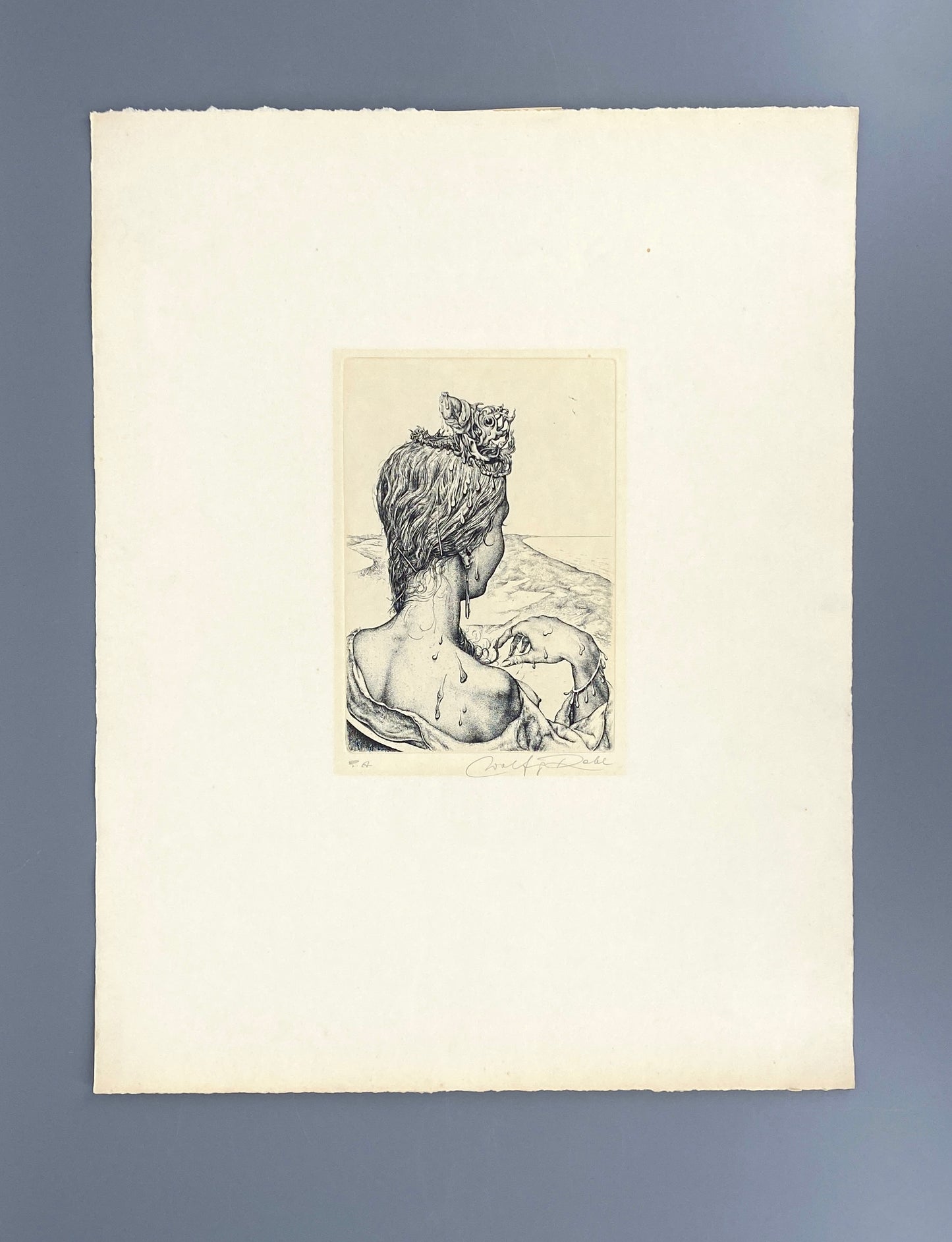Signierte, sürrealistische Radierung "Erwartung" von Wolfgang Rabl