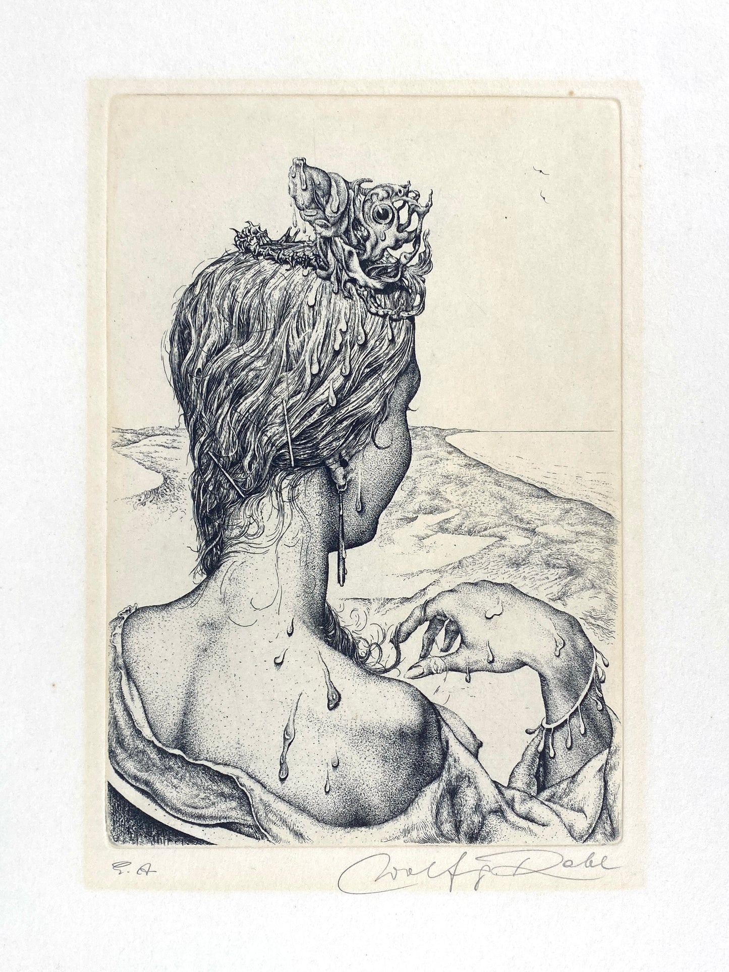 Signierte, sürrealistische Radierung "Erwartung" von Wolfgang Rabl