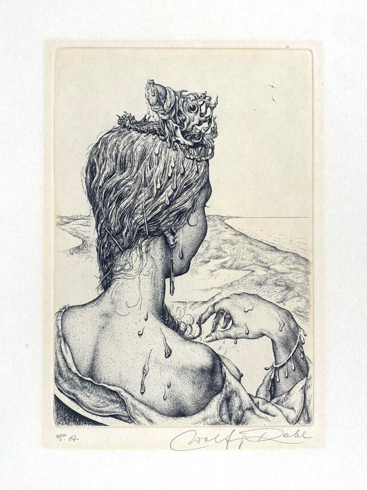 Signierte, sürrealistische Radierung "Erwartung" von Wolfgang Rabl