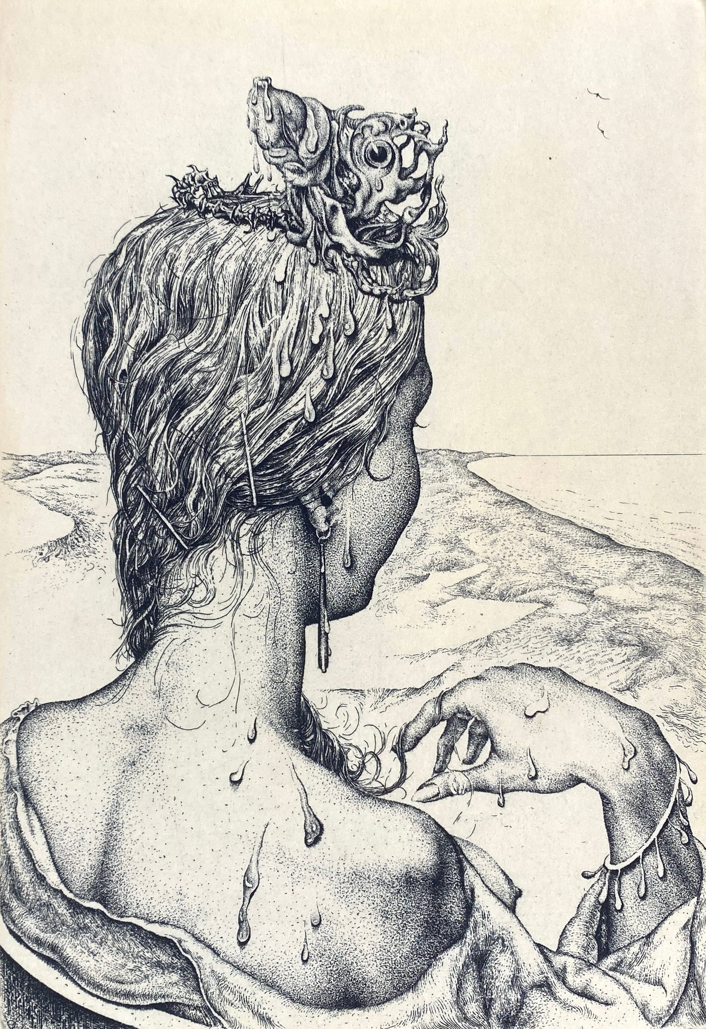 Signierte, sürrealistische Radierung "Erwartung" von Wolfgang Rabl