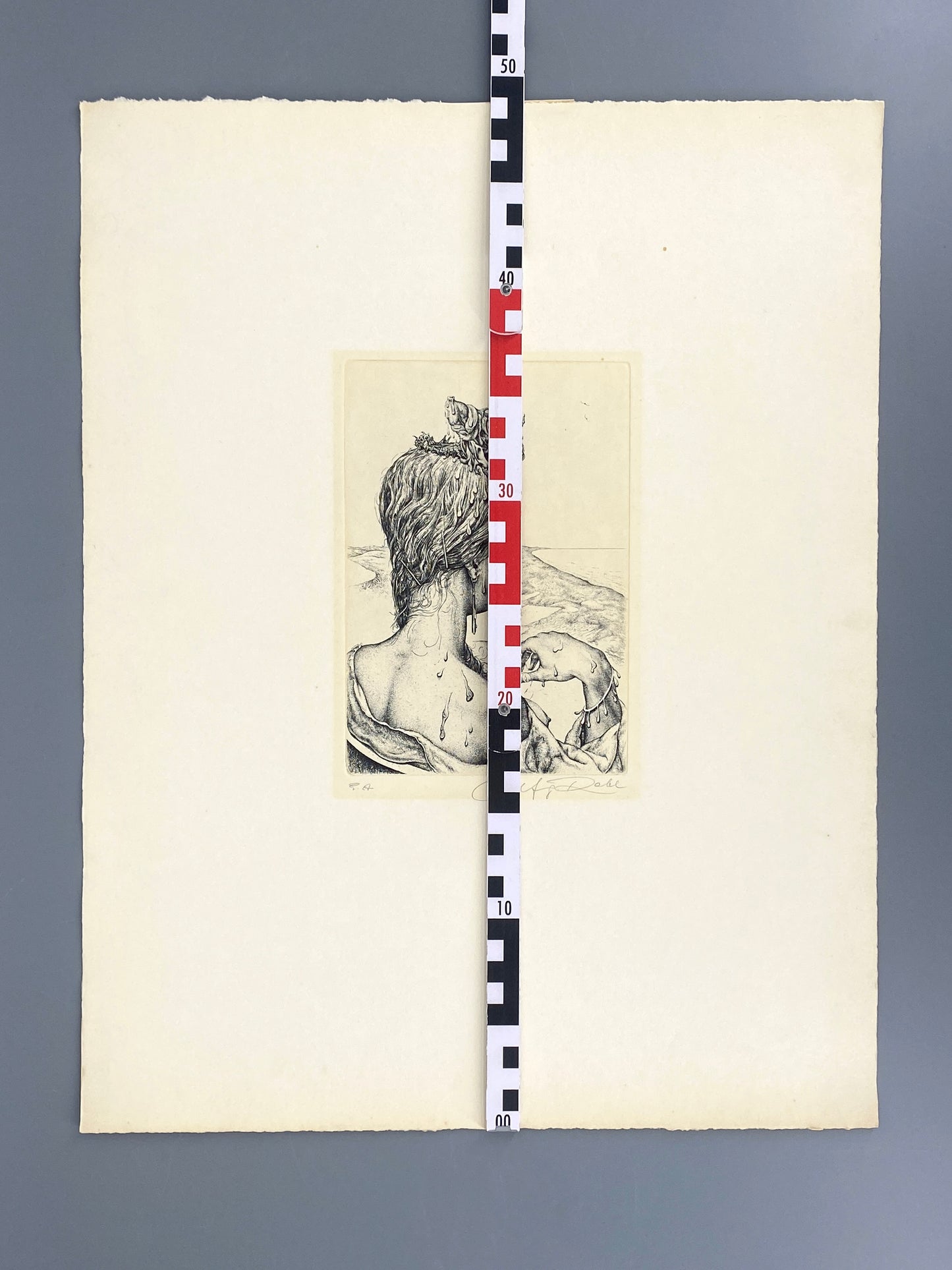 Signierte, sürrealistische Radierung "Erwartung" von Wolfgang Rabl
