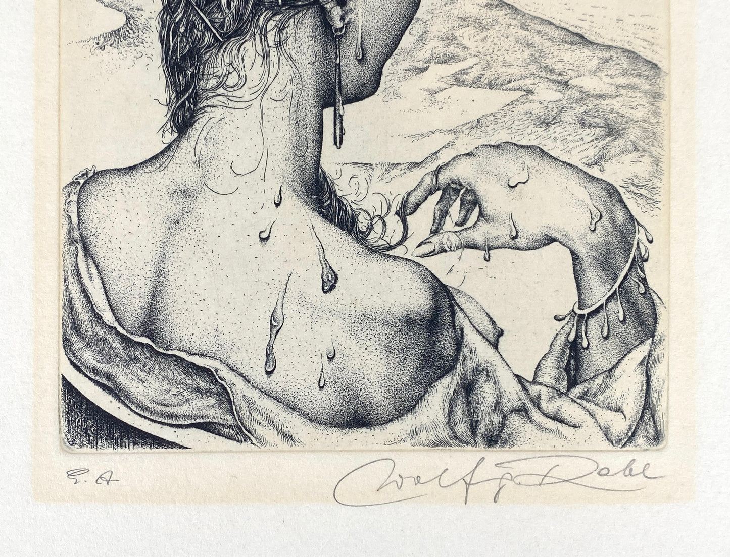 Signierte, sürrealistische Radierung "Erwartung" von Wolfgang Rabl