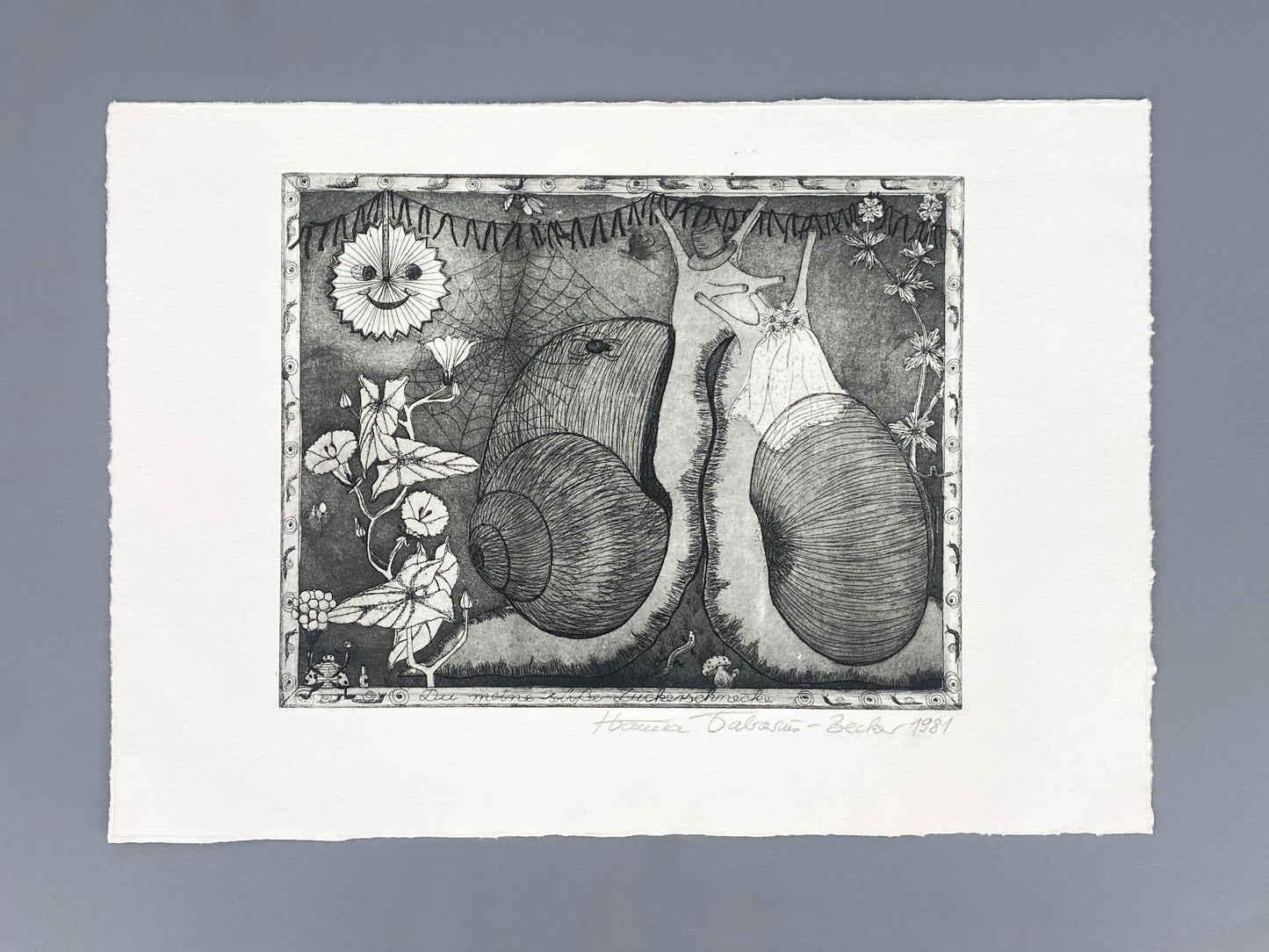 Lustige Radierung "Du meine süße Zuckerschnecke" von Hanna Tabarius-Becker, 1981