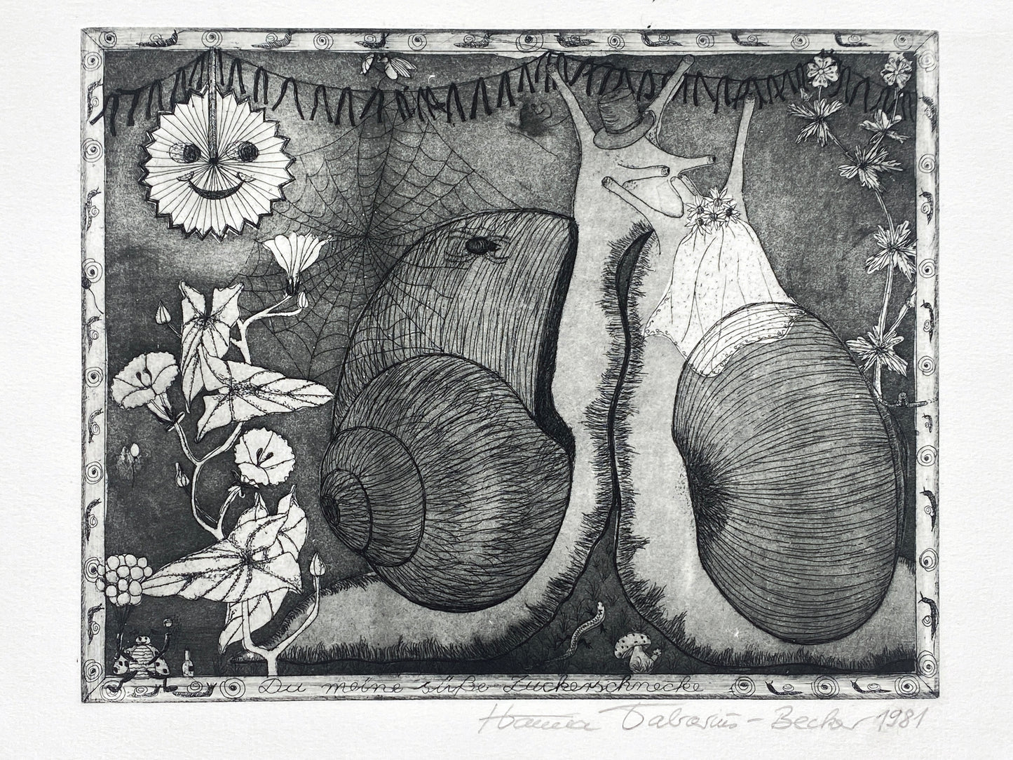 Lustige Radierung "Du meine süße Zuckerschnecke" von Hanna Tabarius-Becker, 1981