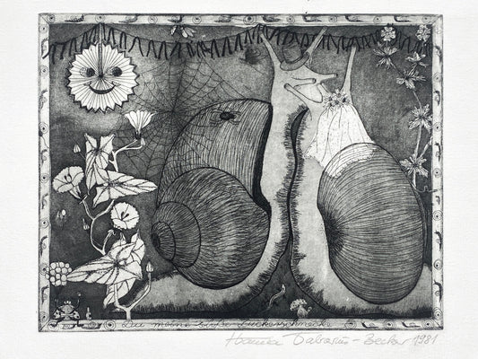 Lustige Radierung "Du meine süße Zuckerschnecke" von Hanna Tabarius-Becker, 1981
