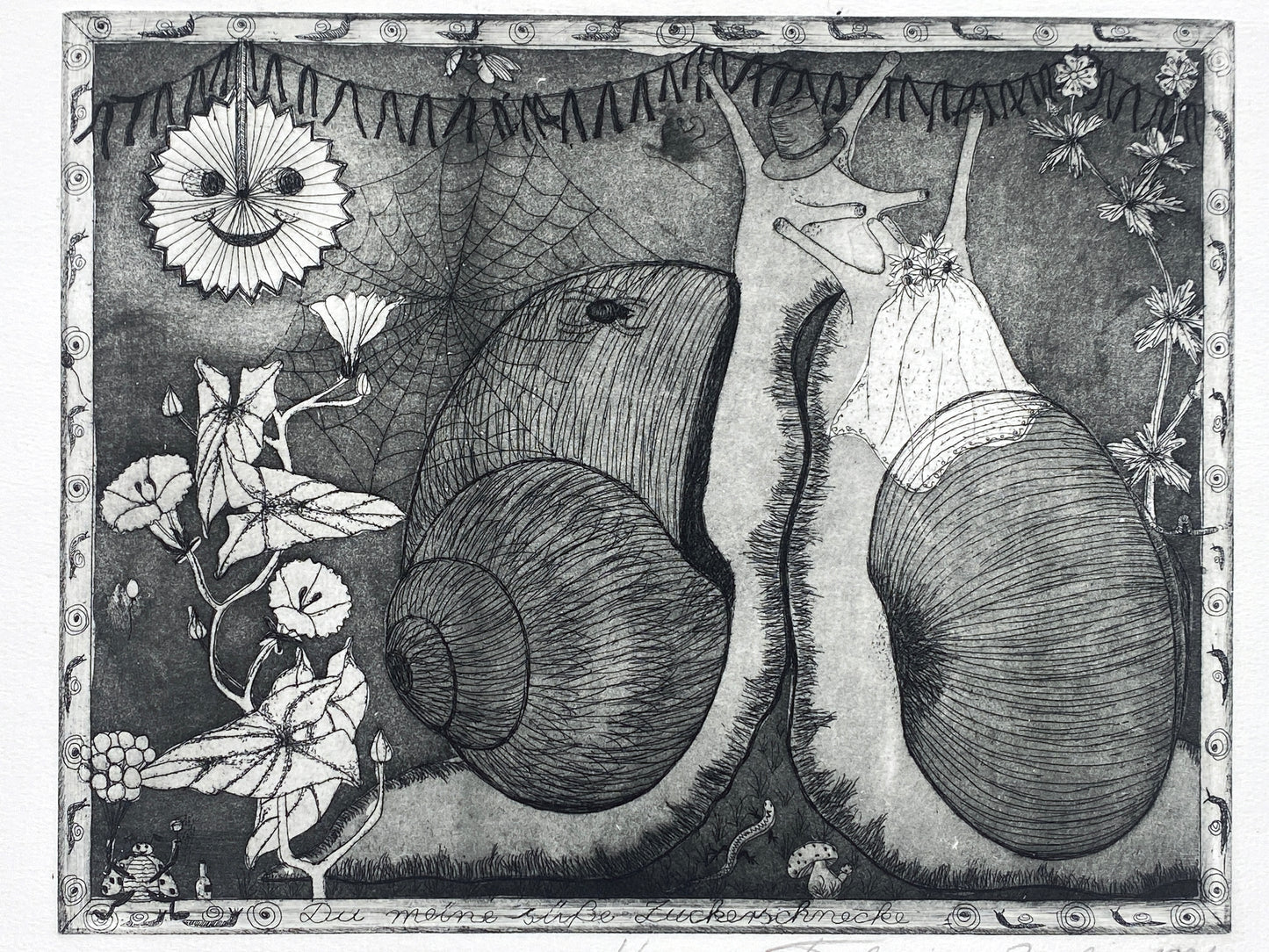 Lustige Radierung "Du meine süße Zuckerschnecke" von Hanna Tabarius-Becker, 1981