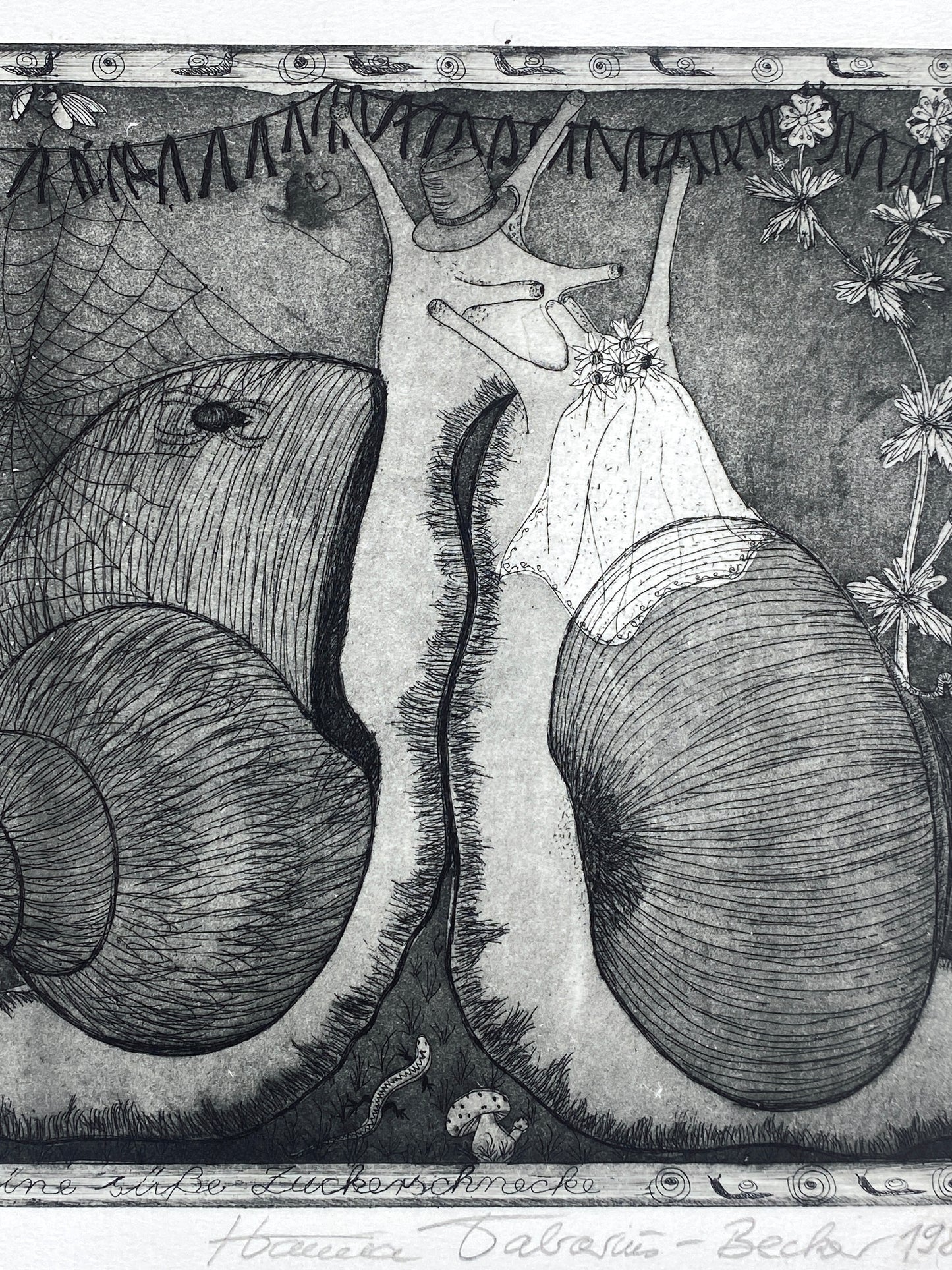Lustige Radierung "Du meine süße Zuckerschnecke" von Hanna Tabarius-Becker, 1981