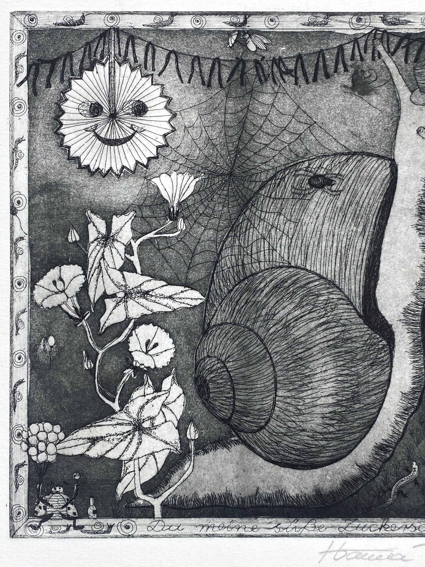Lustige Radierung "Du meine süße Zuckerschnecke" von Hanna Tabarius-Becker, 1981