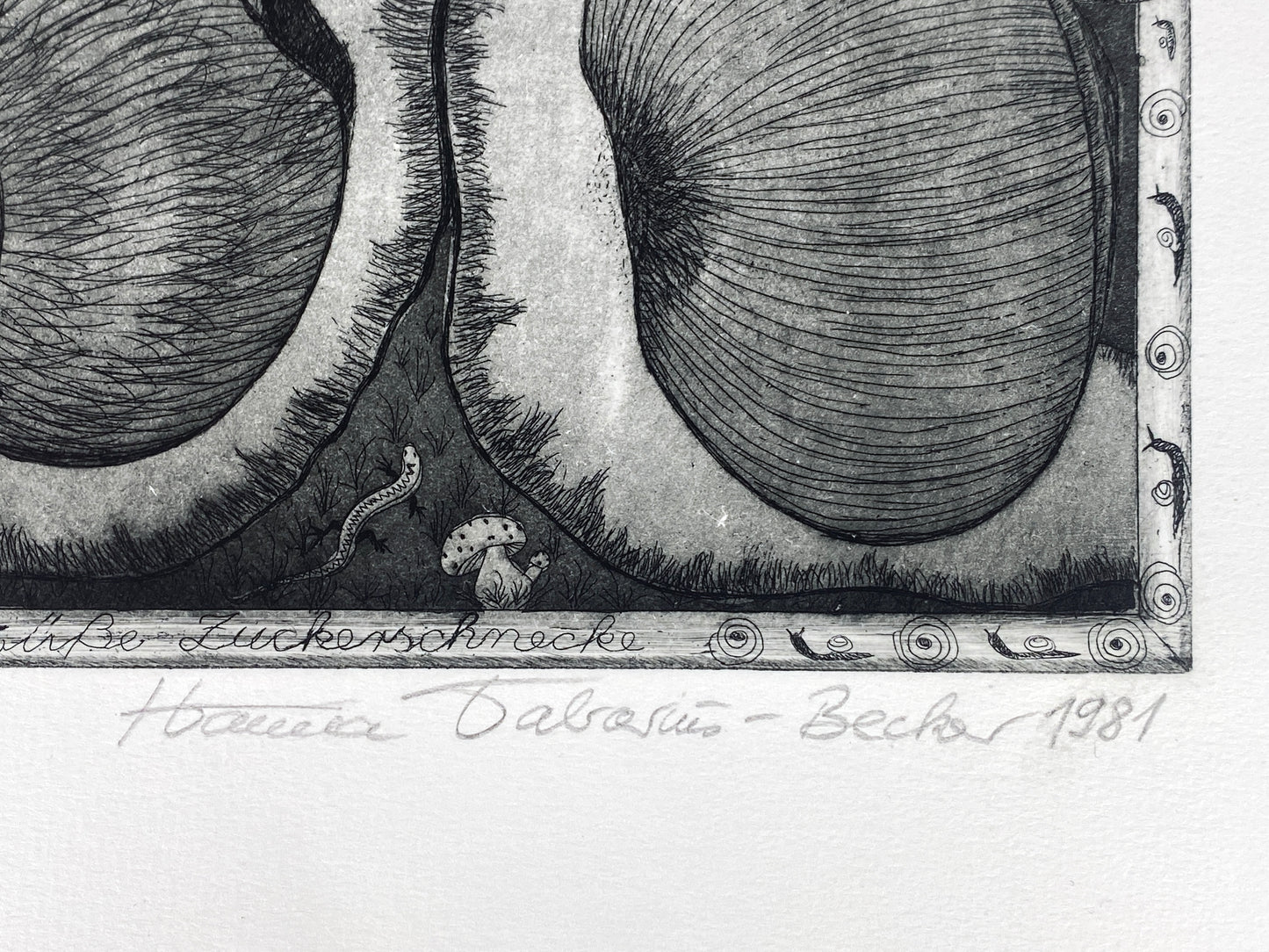 Lustige Radierung "Du meine süße Zuckerschnecke" von Hanna Tabarius-Becker, 1981