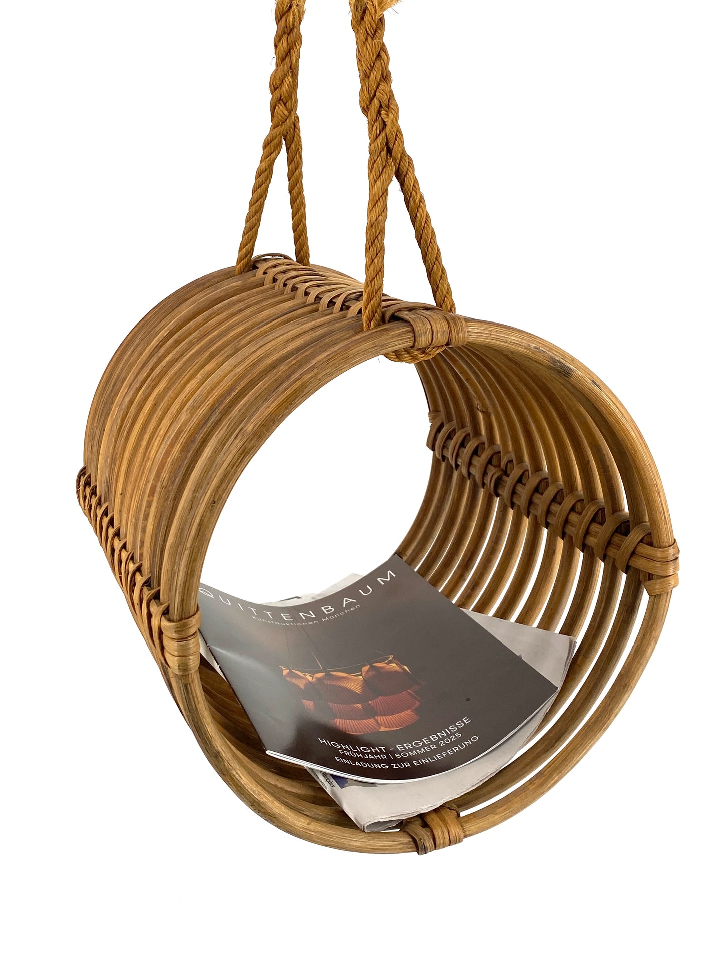 Hängender Zeitungsständer aus Rattan, geflochten, vintage