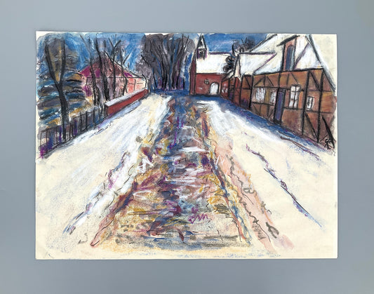 Zartes Pastellgemälde "Straßenansicht im Winter" von Gertrud Kelletat, 1986