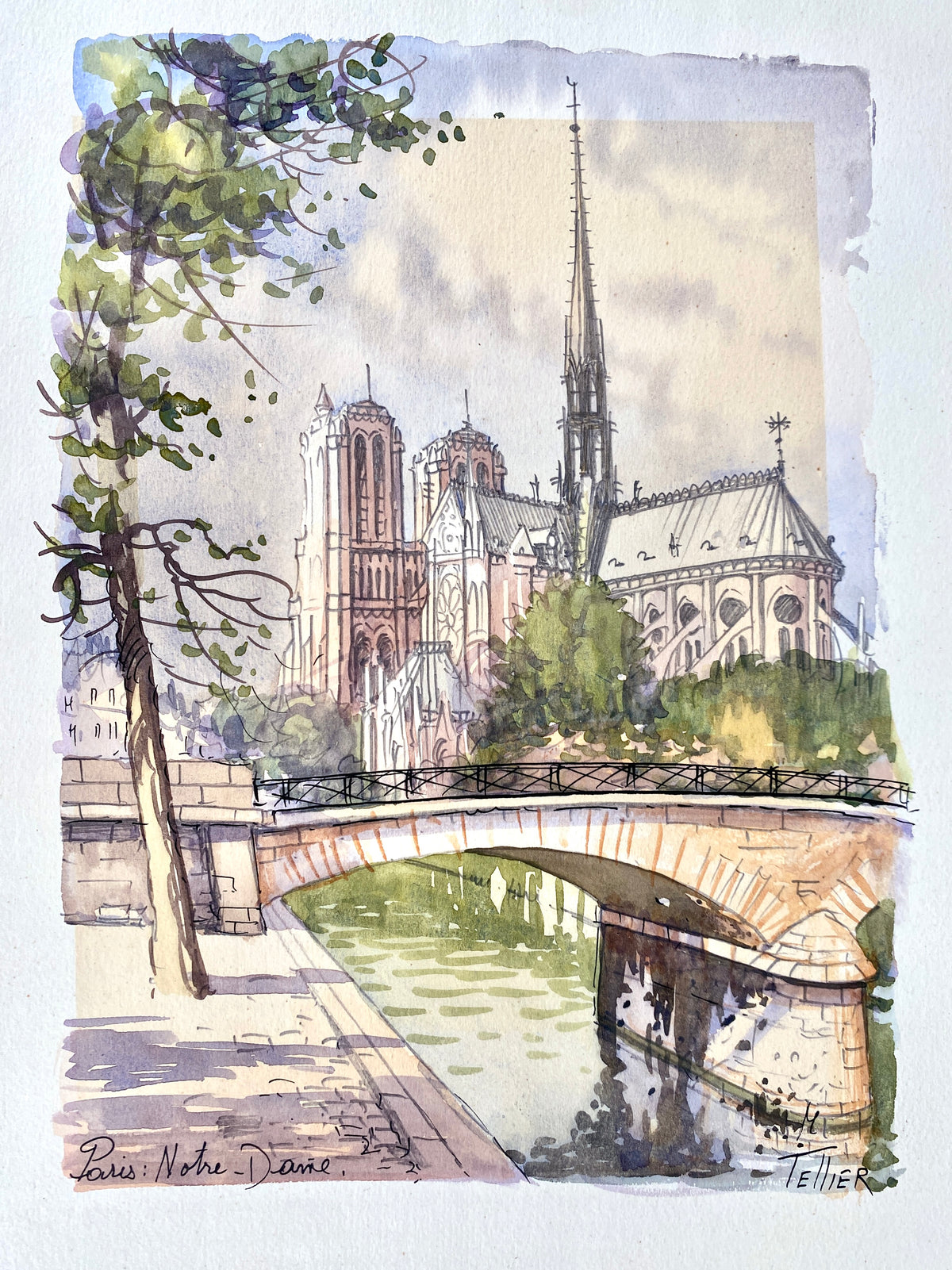 Paris Notre Dame, vom Quai aus gesehen. Aquarell von M. Teller