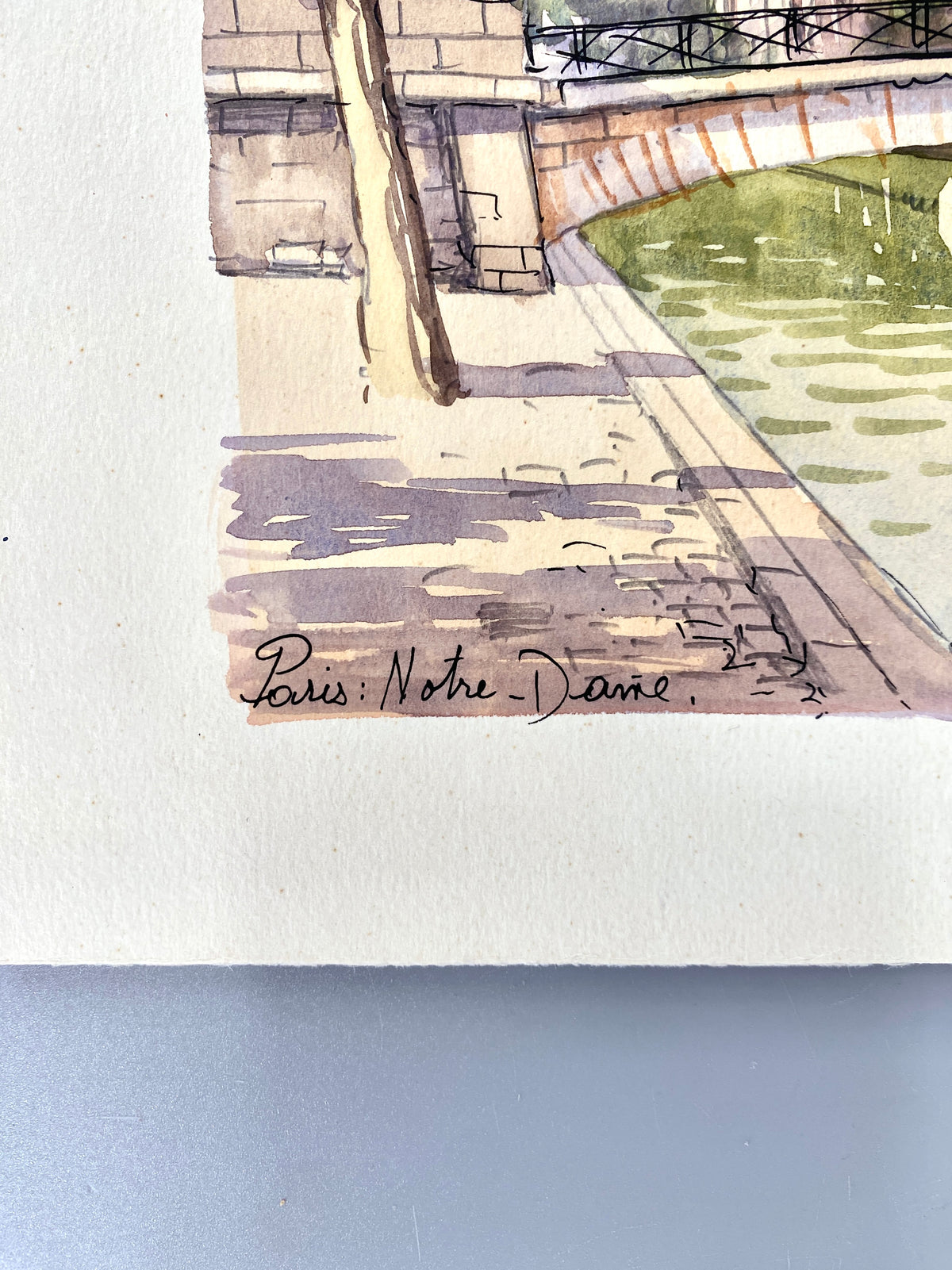 Paris Notre Dame, vom Quai aus gesehen. Aquarell von M. Teller