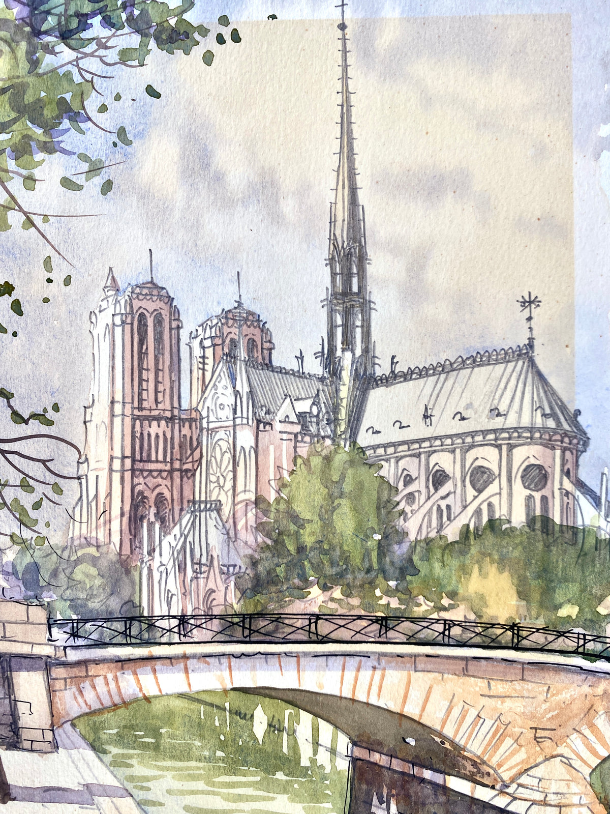 Paris Notre Dame, vom Quai aus gesehen. Aquarell von M. Teller