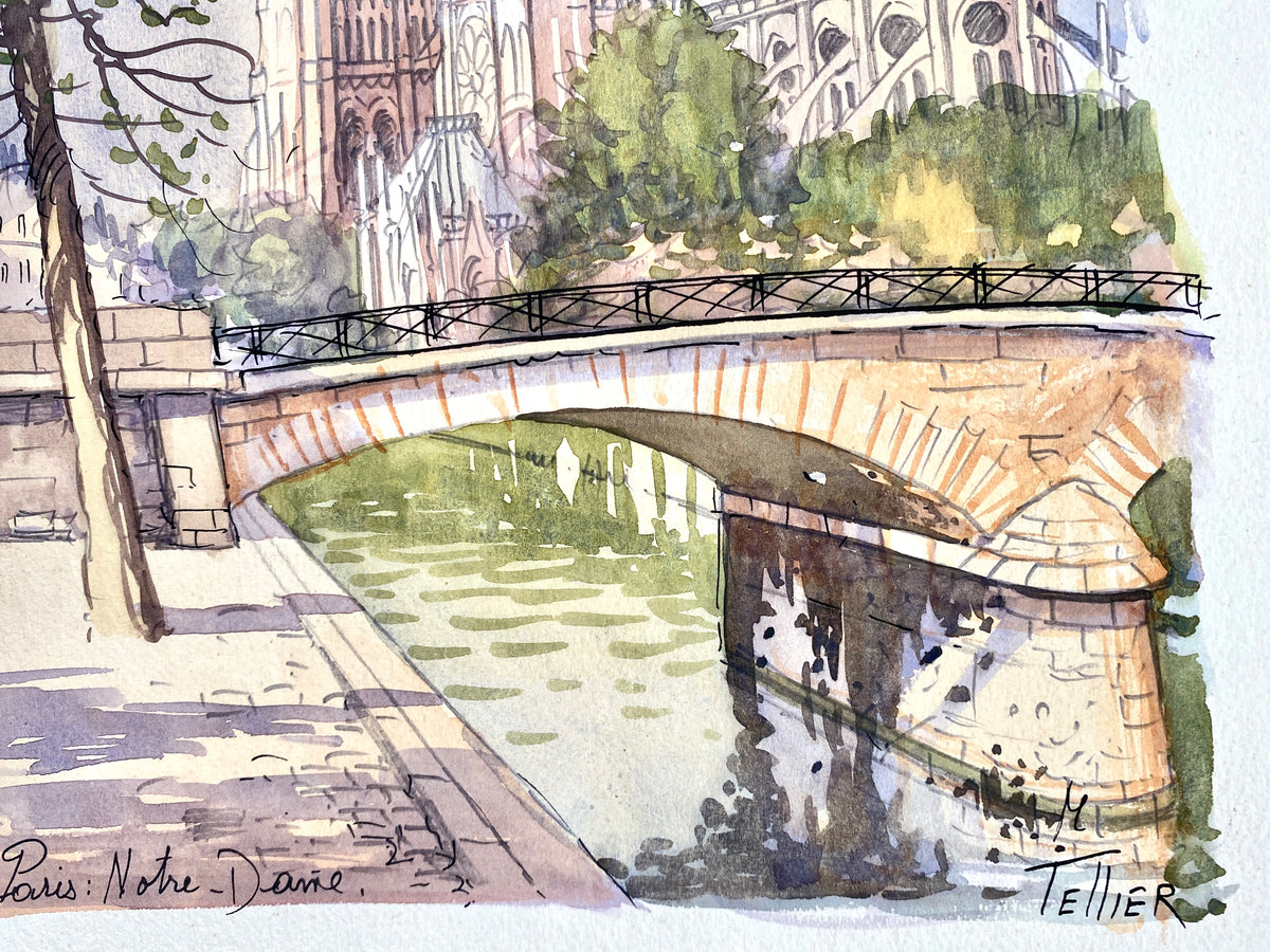 Paris Notre Dame, vom Quai aus gesehen. Aquarell von M. Teller