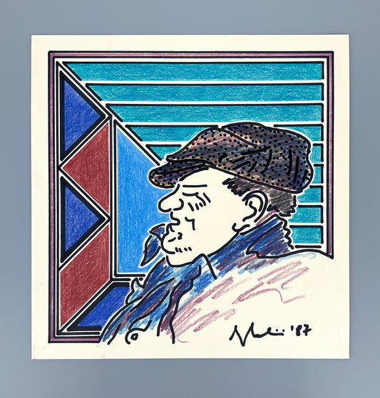 Postmoderne Filz- und Buntstiftzeichnung mit unleserlicher Signatur, 1987