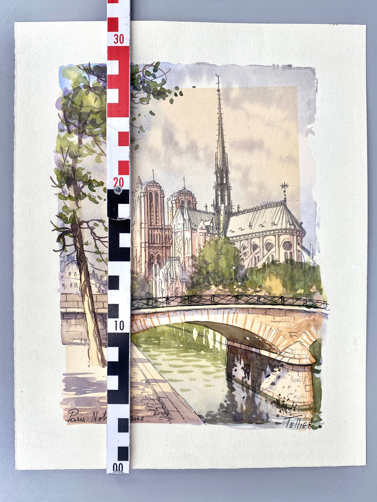 Paris Notre Dame, vom Quai aus gesehen. Aquarell von M. Teller