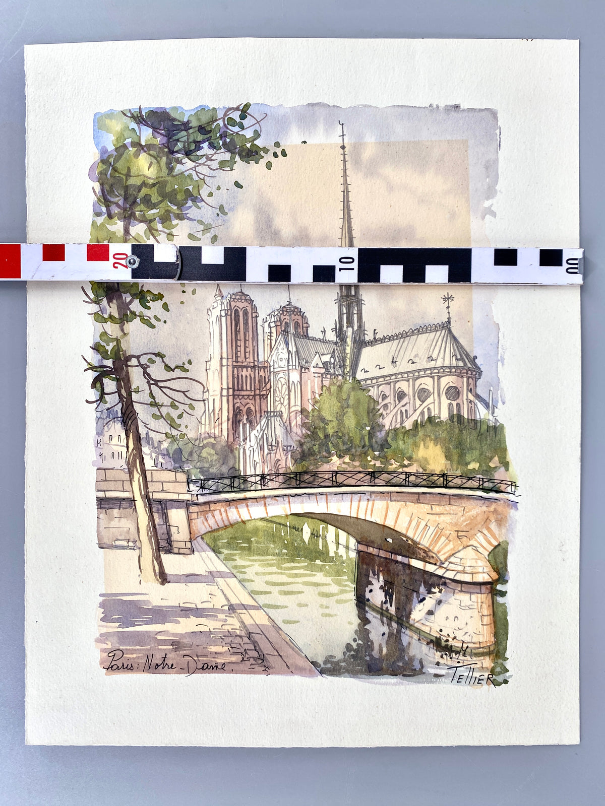Paris Notre Dame, vom Quai aus gesehen. Aquarell von M. Teller