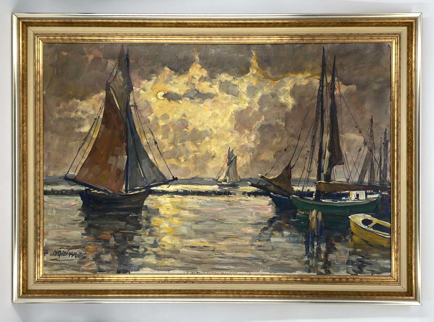Großes, signiertes Ölgemälde "Hafenlandschaft mit Segelschiffen" von Hans Gleissner (1880–1935), gerahmt