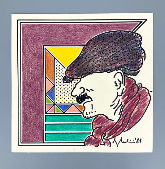Postmoderne Filz- und Buntstiftzeichnung mit unleserlicher Signatur, 1987