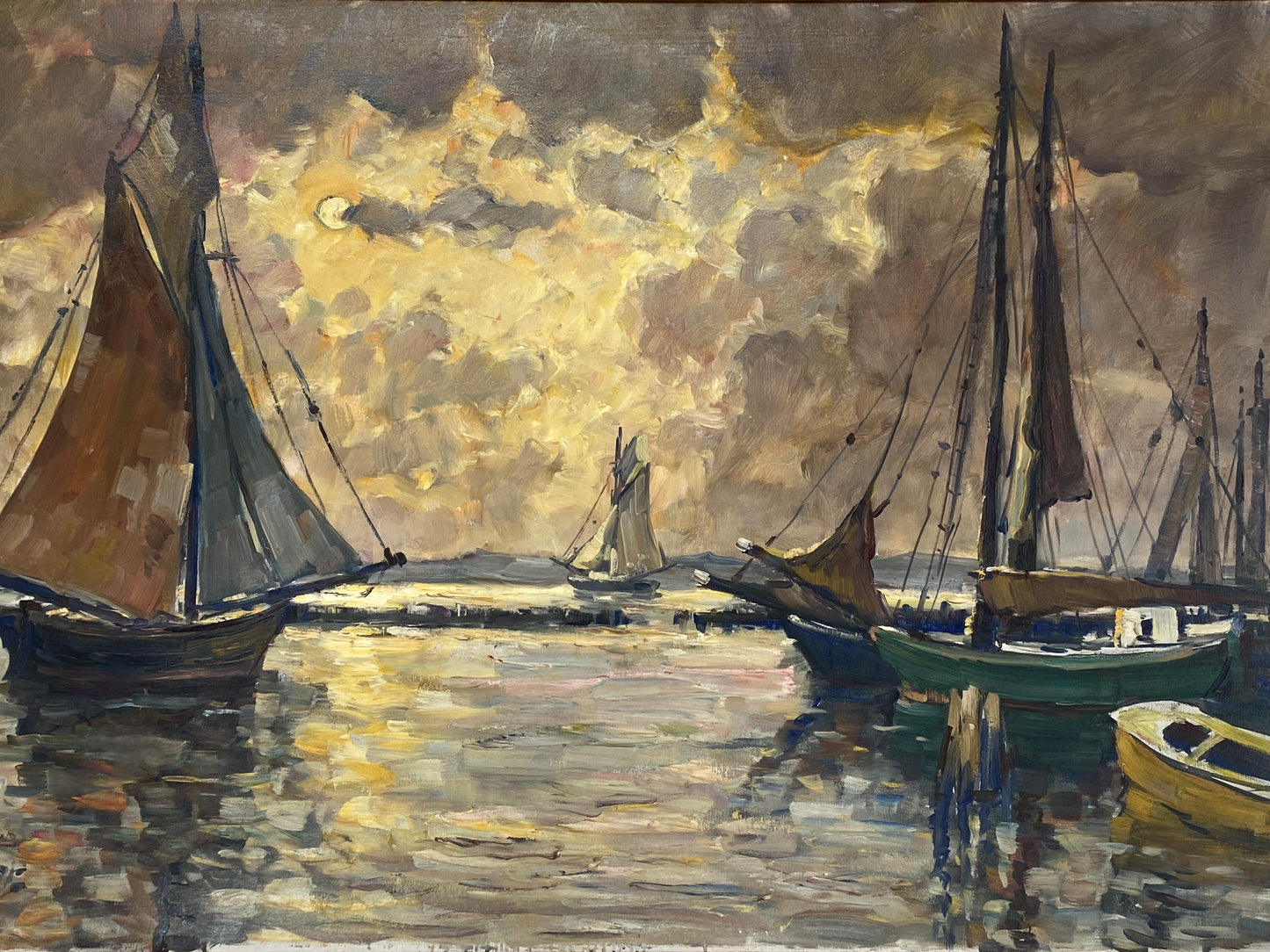 Großes, signiertes Ölgemälde "Hafenlandschaft mit Segelschiffen" von Hans Gleissner (1880–1935), gerahmt