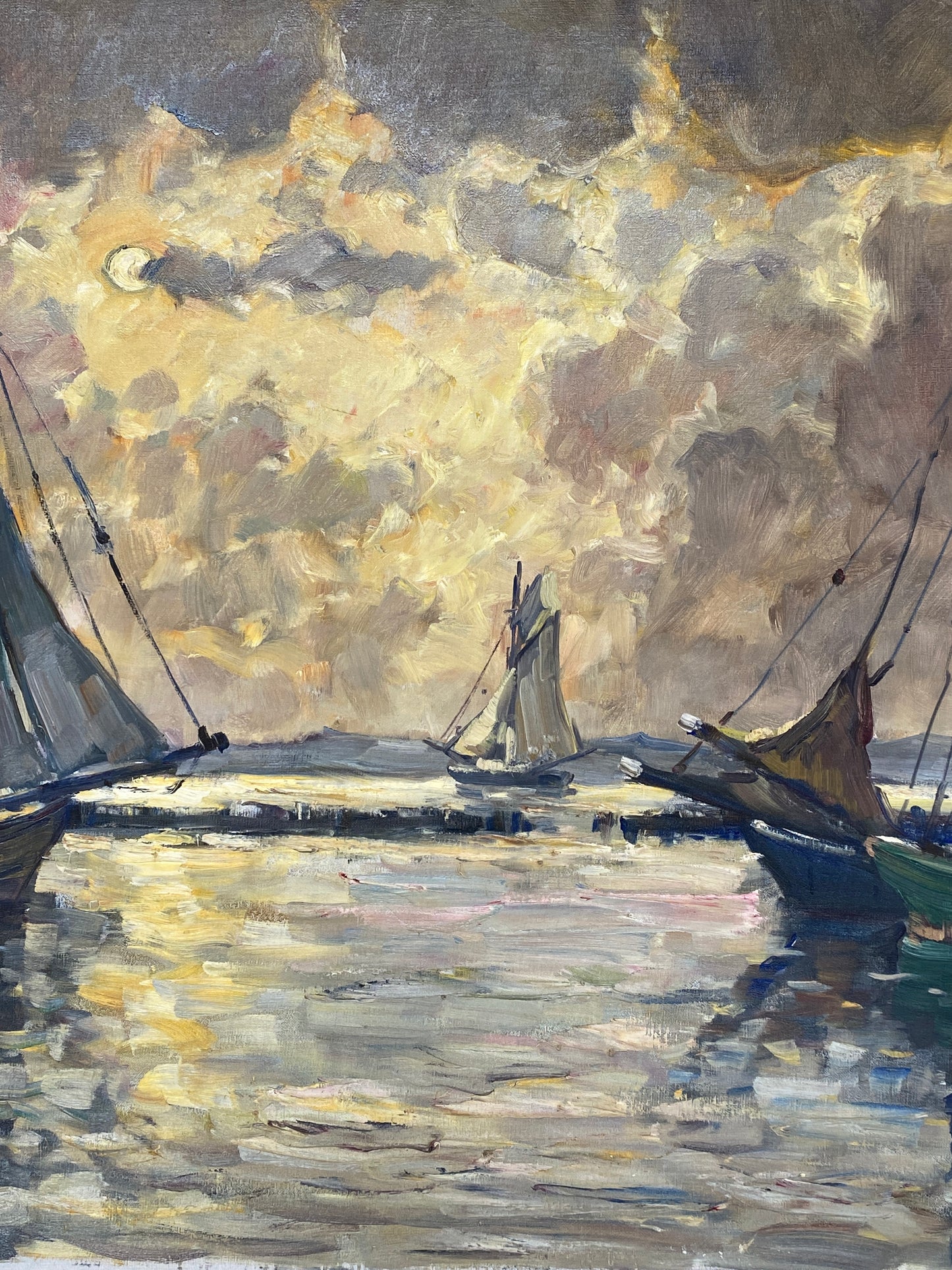 Großes, signiertes Ölgemälde "Hafenlandschaft mit Segelschiffen" von Hans Gleissner (1880–1935), gerahmt