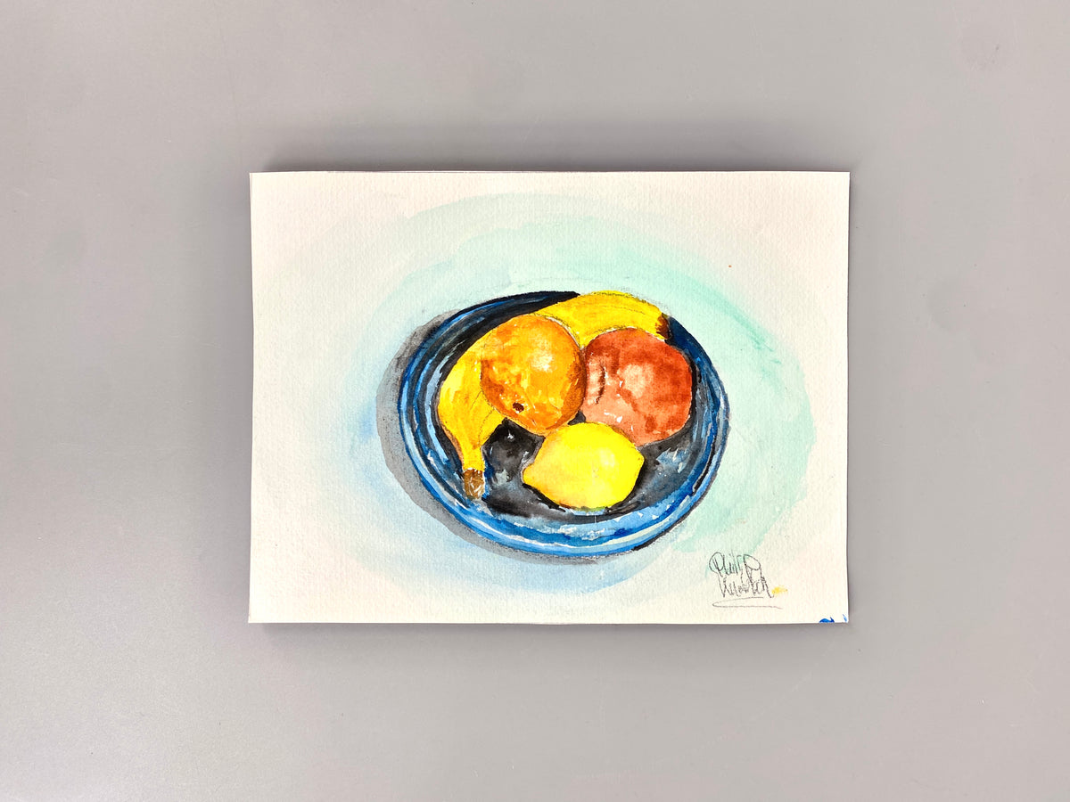 Obstkorb. Zeitgenössisches Stillleben. Aquarell, Türkise Corona