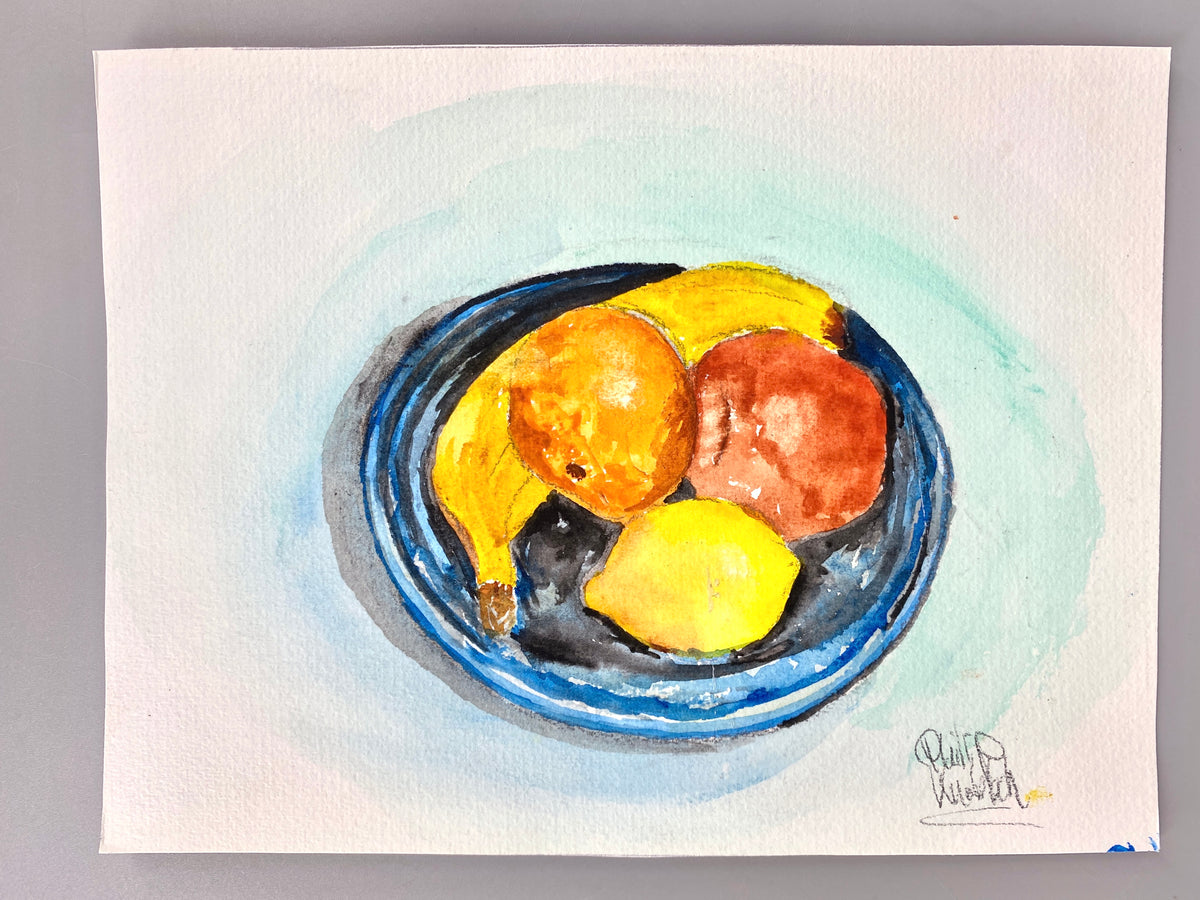 Obstkorb. Zeitgenössisches Stillleben. Aquarell, Türkise Corona