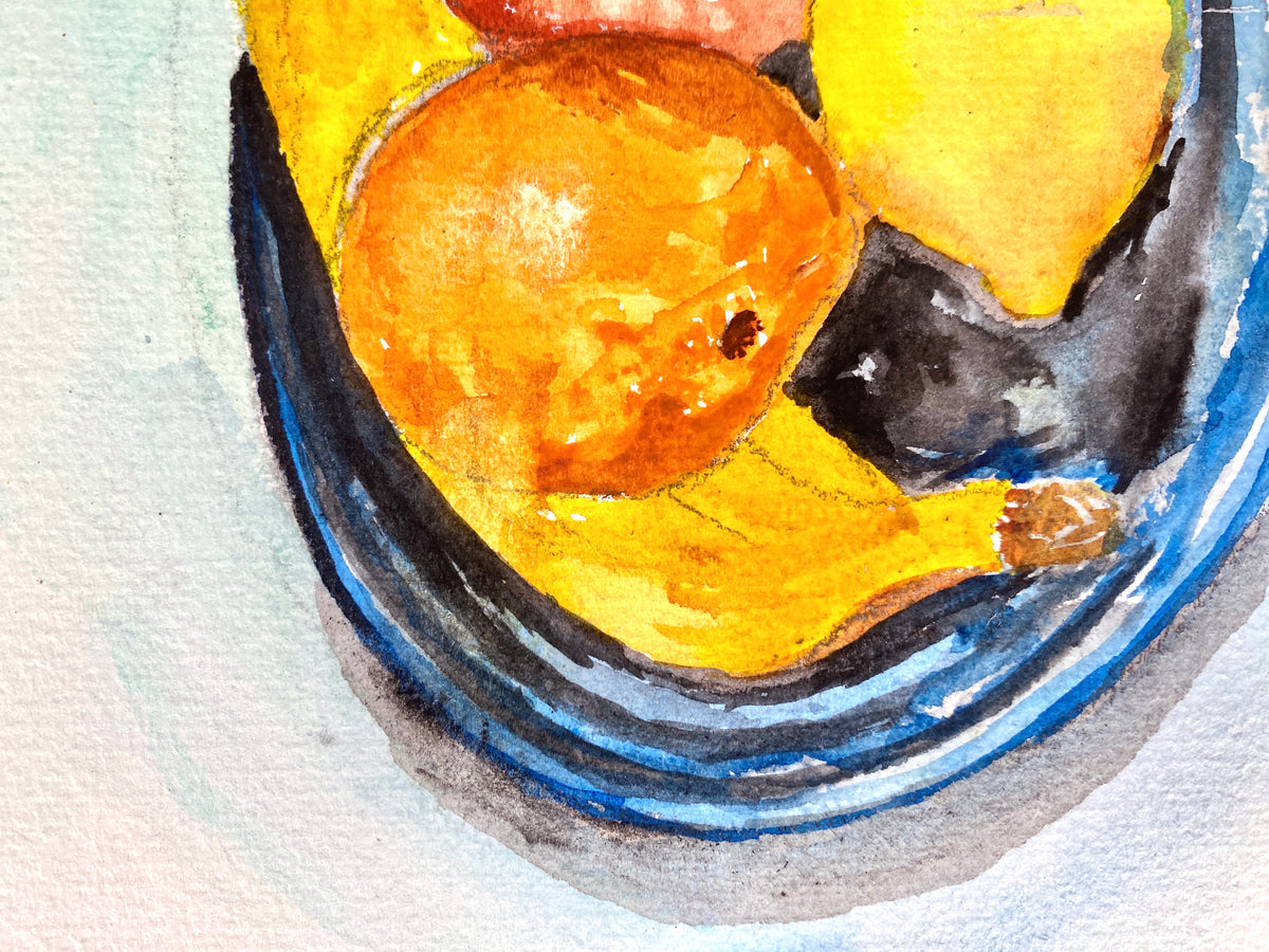Obstkorb. Zeitgenössisches Stillleben. Aquarell, Türkise Corona