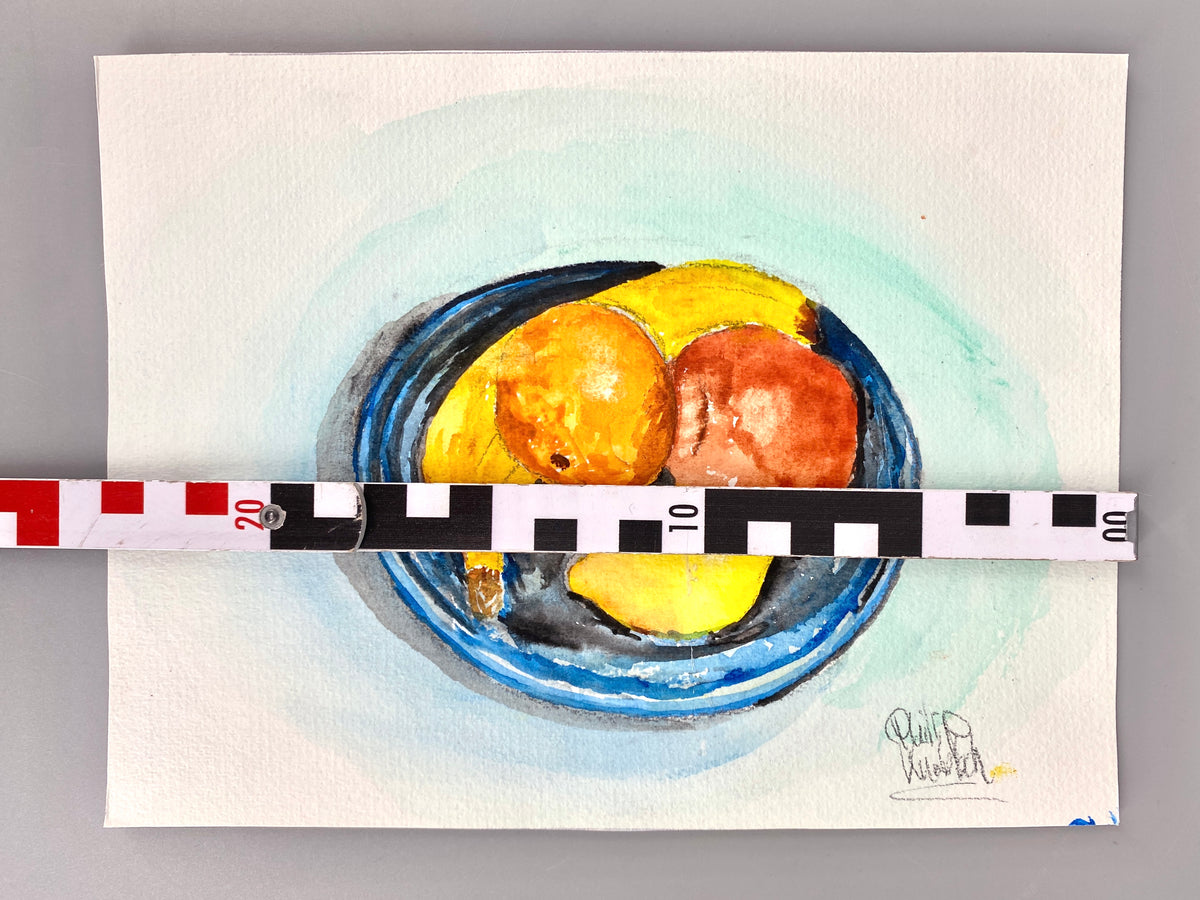 Obstkorb. Zeitgenössisches Stillleben. Aquarell, Türkise Corona