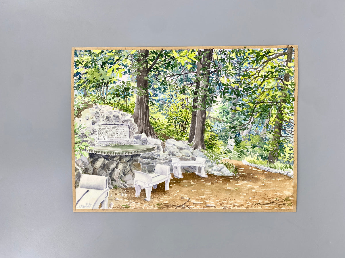 Sitzgruppe mit Steinarrangement in einem Garten. Impressionistisches Aquarell
