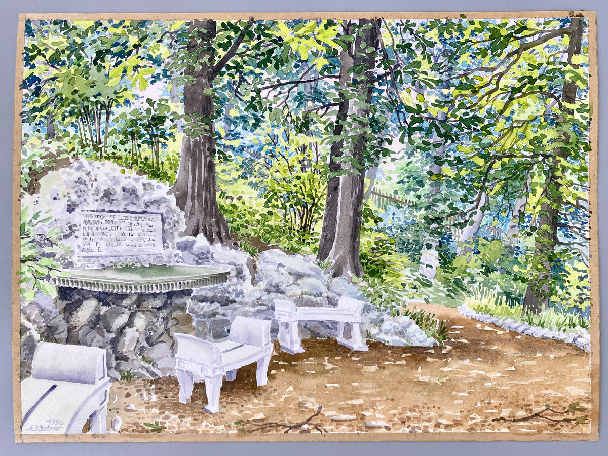 Sitzgruppe mit Steinarrangement in einem Garten. Impressionistisches Aquarell