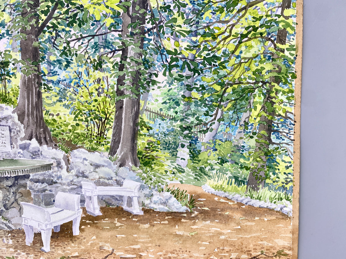 Sitzgruppe mit Steinarrangement in einem Garten. Impressionistisches Aquarell
