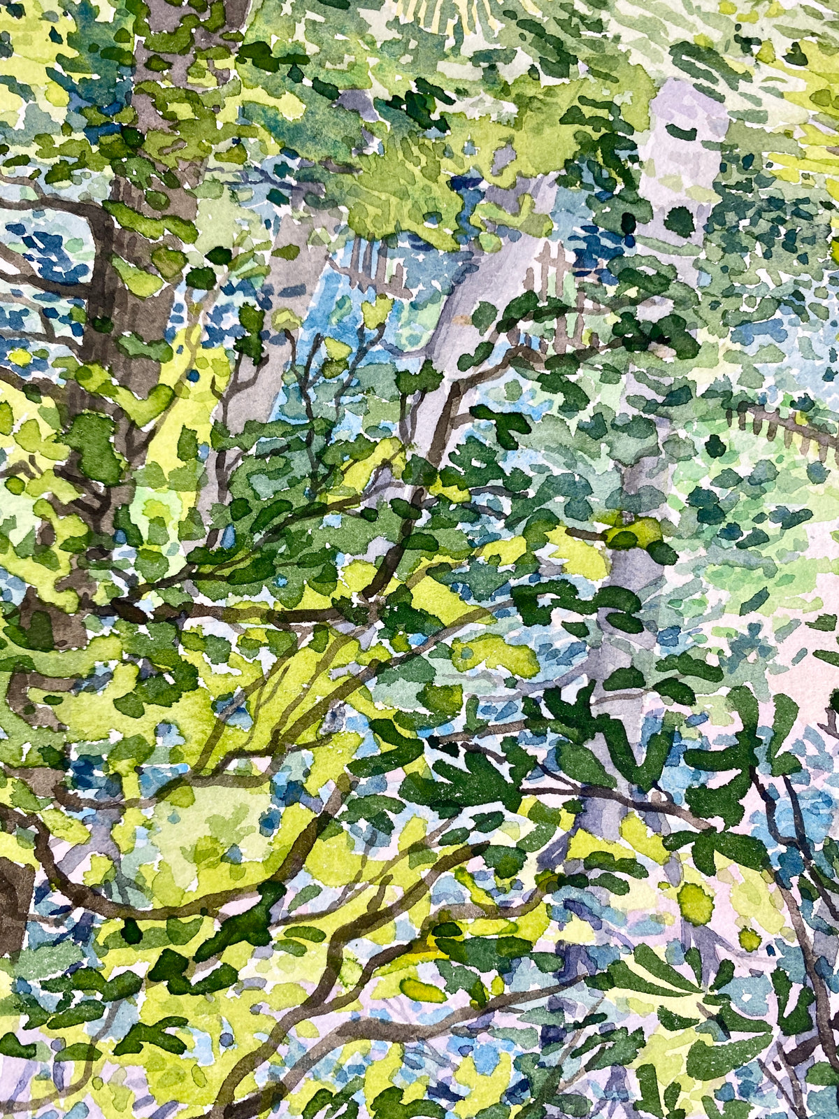 Sitzgruppe mit Steinarrangement in einem Garten. Impressionistisches Aquarell