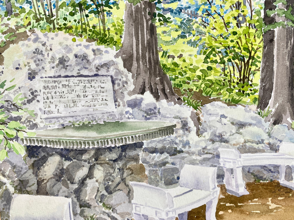 Sitzgruppe mit Steinarrangement in einem Garten. Impressionistisches Aquarell