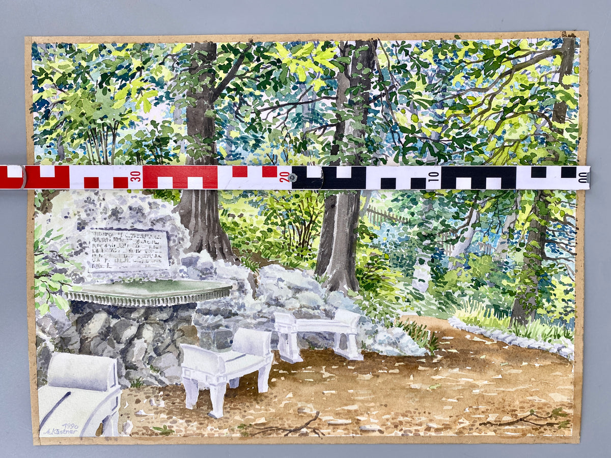 Sitzgruppe mit Steinarrangement in einem Garten. Impressionistisches Aquarell