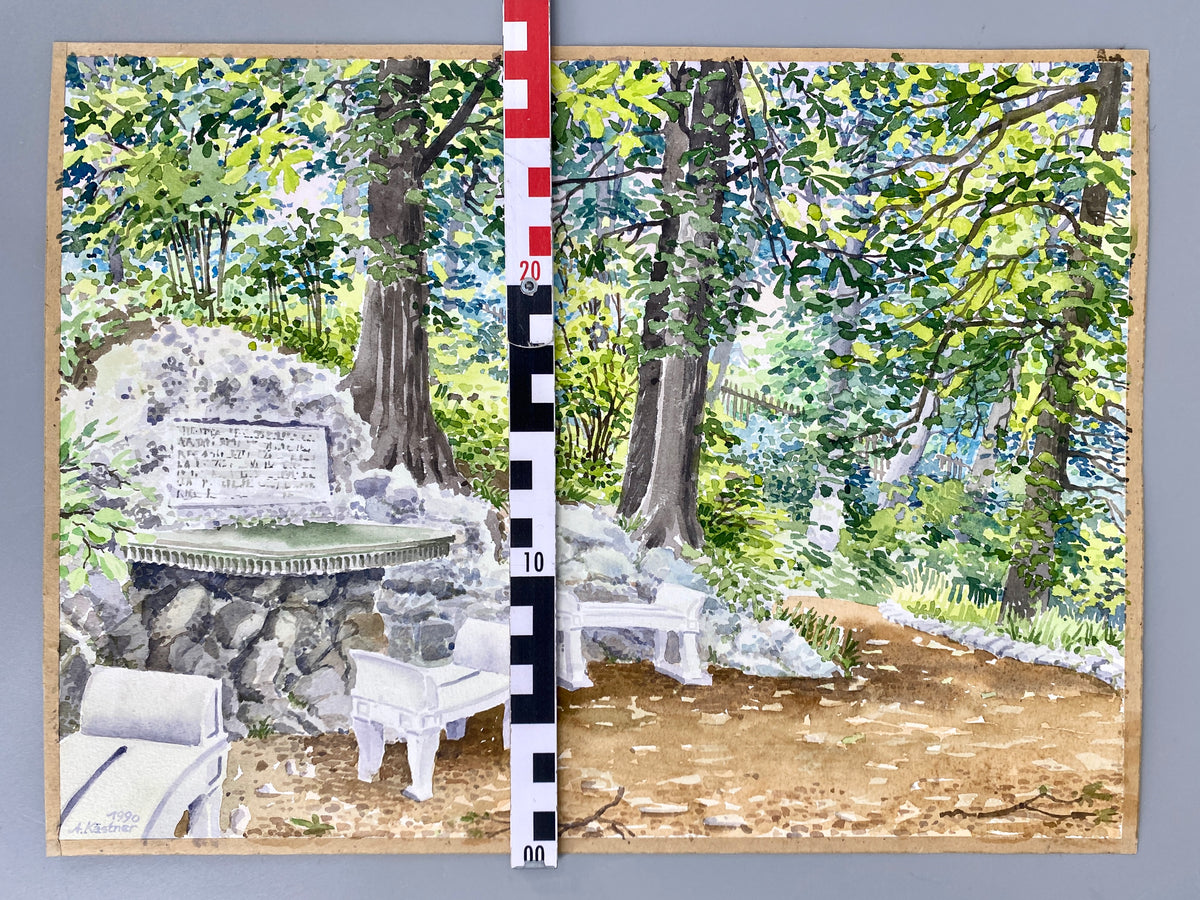 Sitzgruppe mit Steinarrangement in einem Garten. Impressionistisches Aquarell