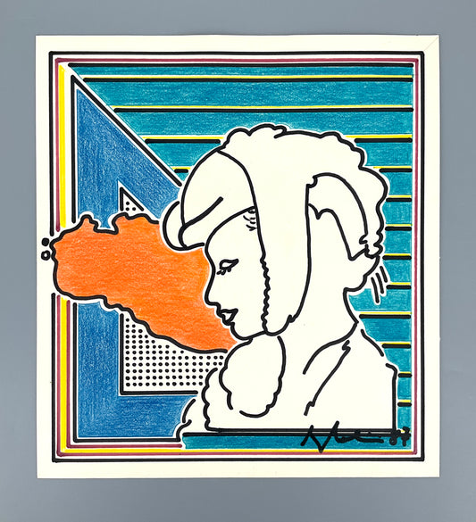 Postmoderne Filz- und Buntstiftzeichnung mit unleserlicher Signatur, 1987