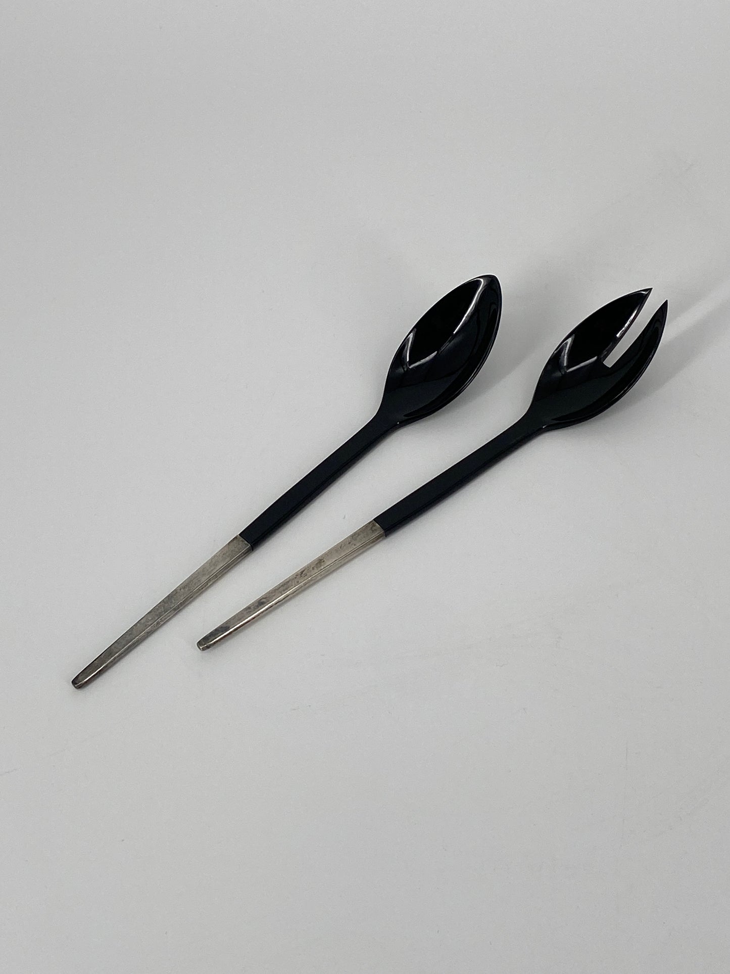 schwarzes, großes Salatbesteck mit Griffen aus 925er Silber von Hermann Bauer, 1960er