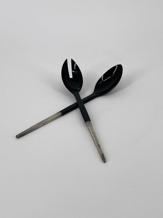 schwarzes, großes Salatbesteck mit Griffen aus 925er Silber von Hermann Bauer, 1960er
