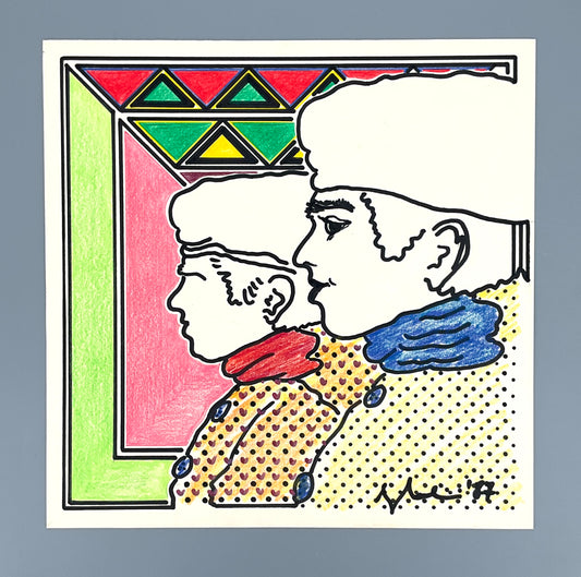 Postmoderne Filz- und Buntstiftzeichnung mit unleserlicher Signatur, 1987