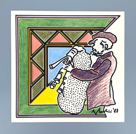 Postmoderne Filz- und Buntstiftzeichnung mit unleserlicher Signatur, 1987