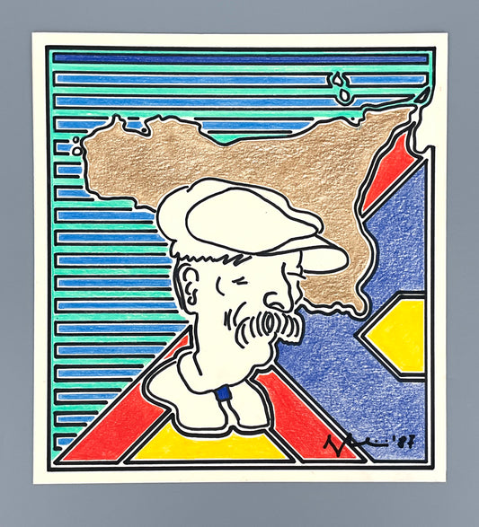 Postmoderne Filz- und Buntstiftzeichnung mit unleserlicher Signatur, 1987