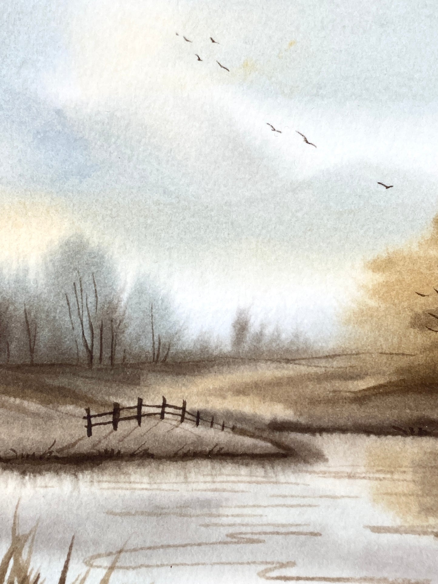 Kleine Herbstlandschaft. Tusche auf Papier, gerahmt.